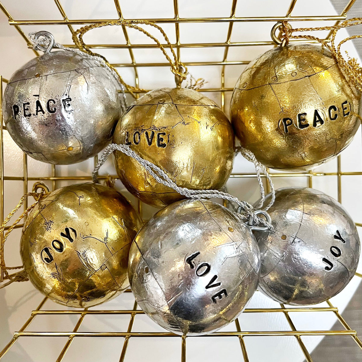 &quot;PEACE&quot; Stamped Ball Ornaments - Gold &amp; Silver