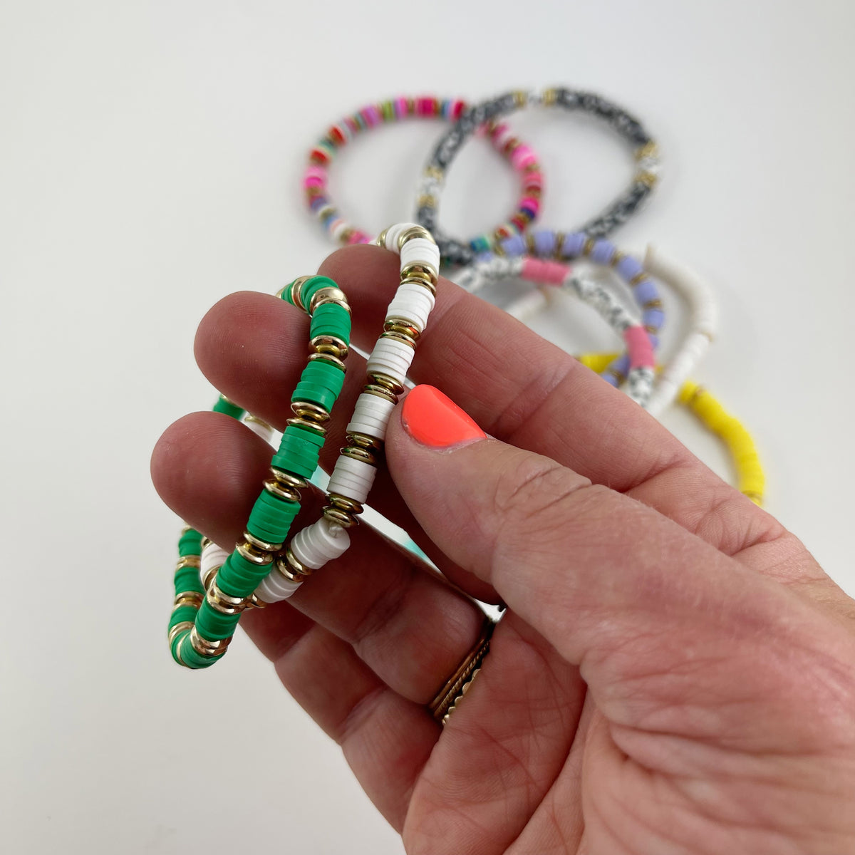 Summer Green Bracelets  Clay beads, Bracelets handmade beaded, Clay  bracelet